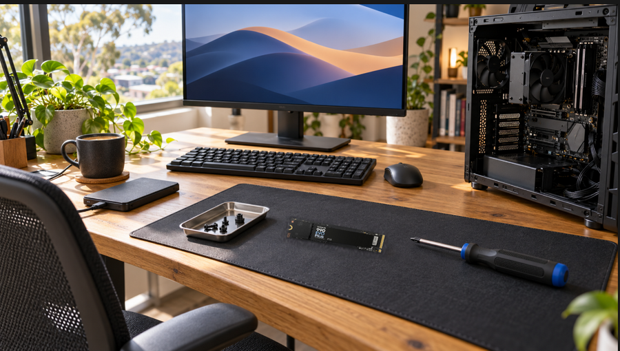 Illustrative computer-upgrade workspace with a genuine Samsung 990 EVO Plus 2TB SSD photo composited onto the desk mat.