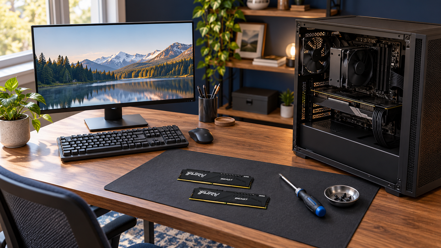 Illustrative PC-upgrade workspace with two Kingston FURY Beast DDR5 RAM modules lying on a work mat beside an open desktop computer.