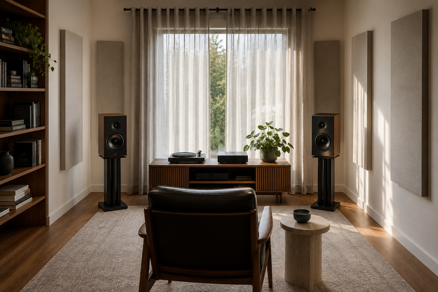 Home listening room with bookshelf speakers and acoustic wall panels