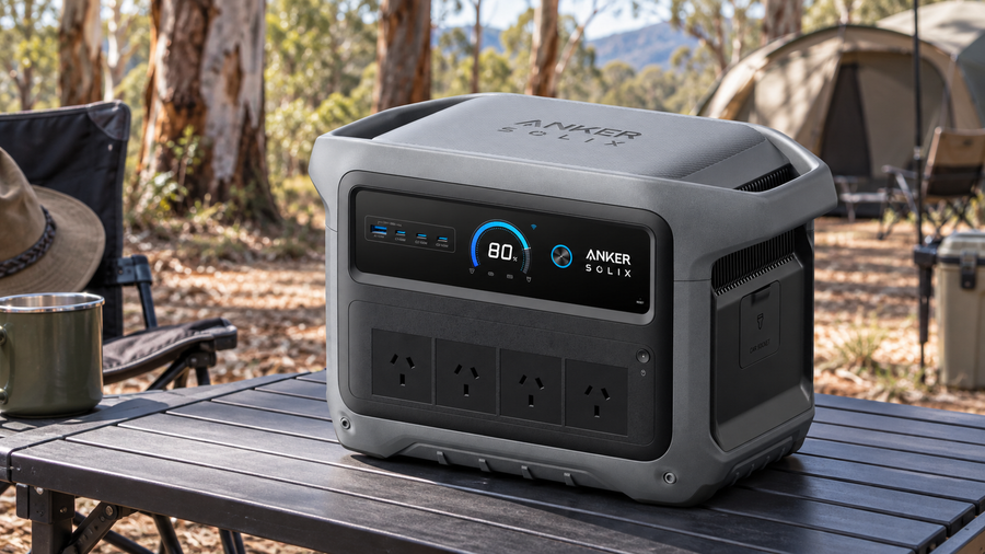Anker SOLIX C1000 Gen 2 power station on a camping table beside a bush campsite.