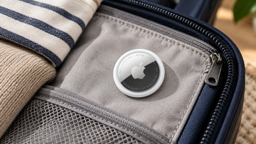 Apple AirTag second generation resting on a grey suitcase pocket beside folded clothing.