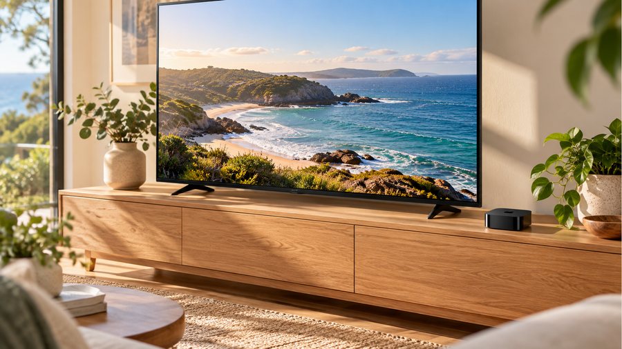 Apple TV 4K on an oak cabinet beside a television showing a coastal landscape in a sunlit living room.