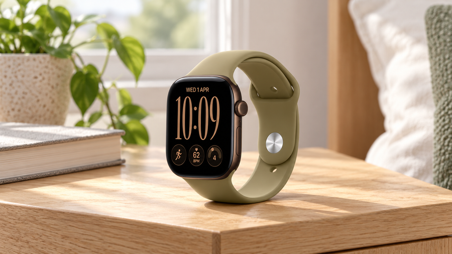 Apple Watch Series 12 in dark bronze with an olive Sport Band on a timber bedside table.