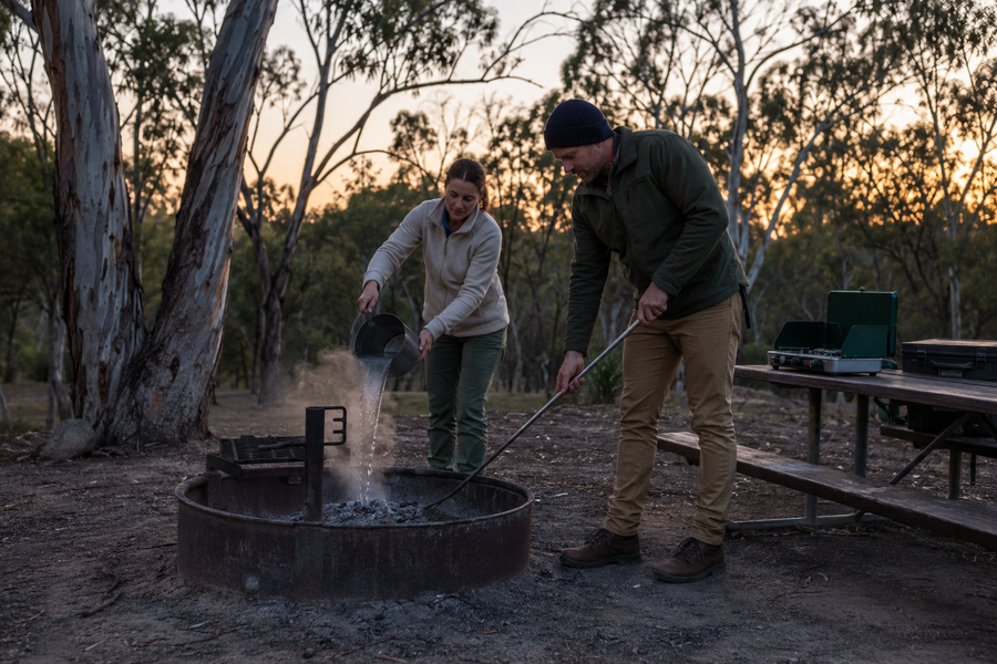 Campers extinguishing a fire in a designated Australian campground fire ring