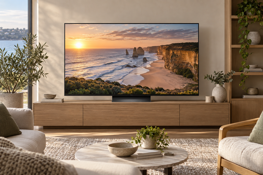 LG OLED evo C6 55-inch television displayed in a contemporary Australian lounge room