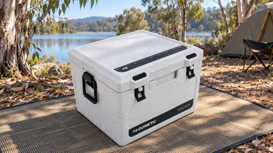 Dometic Cool-Ice CI 55 ice box at a lakeside Australian bush campsite