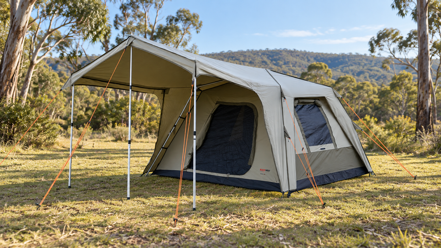 BlackWolf Turbo Lite 300 tent with its awning extended at an Australian bush campsite.