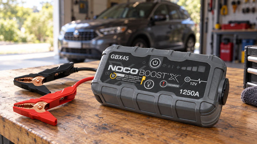 NOCO Boost X GBX45 jump starter with red and black clamps on a garage workbench
