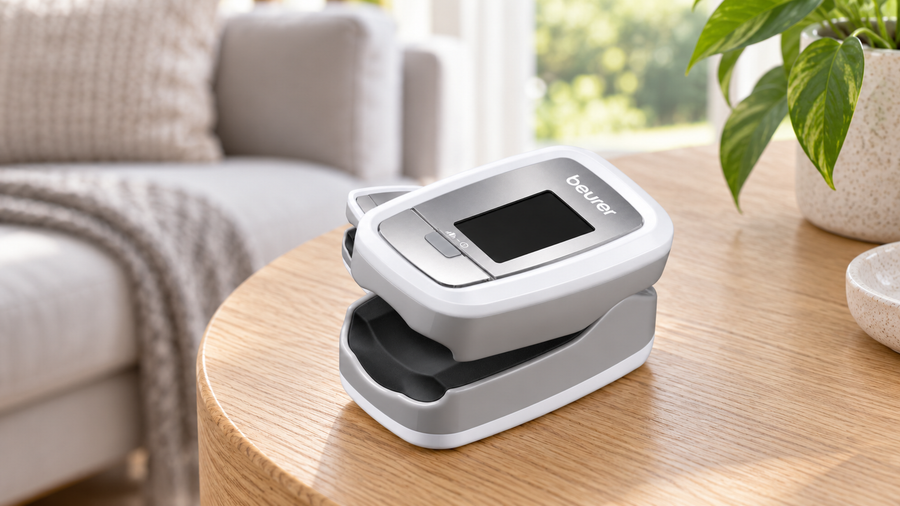 Beurer PO30 fingertip pulse oximeter resting on a light timber table in a home setting.