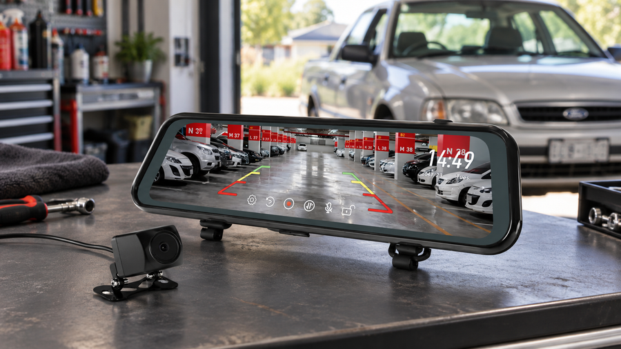 Gator GRV90MKT mirror monitor and rear camera on a garage workbench with a car behind.