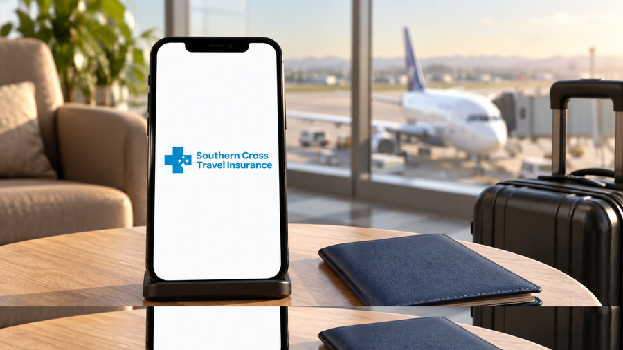 Phone displaying the Southern Cross Travel Insurance logo beside a passport holder and suitcase in an airport lounge.