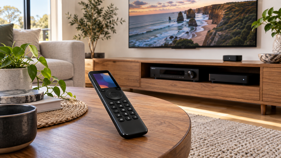 SofaBaton X1S universal remote on a timber coffee table in a contemporary Australian lounge room