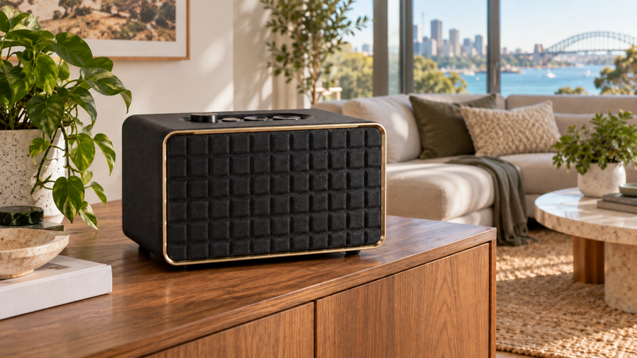JBL Authentics 200 wireless speaker on a timber console in a contemporary Australian lounge room