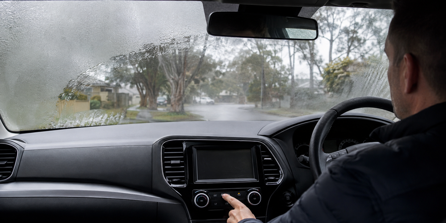 Driver using the demister to clear condensation from a car windscreen on a rainy Australian morning