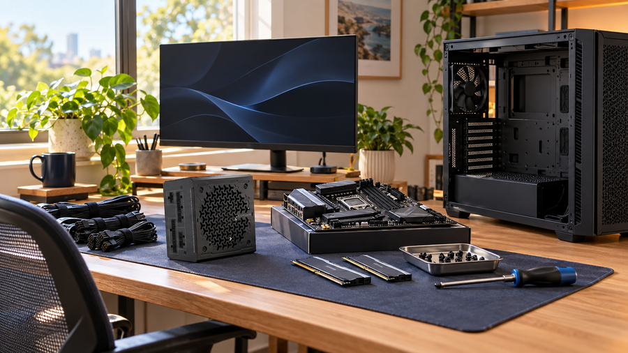PC-building workspace with a Corsair RM850e 2025 power supply, motherboard, memory, cables and open case on a timber desk. Illustrative composite.