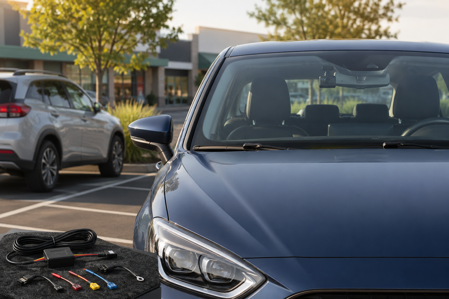 Dash cam and hardwire kit beside a parked car in an outdoor car park