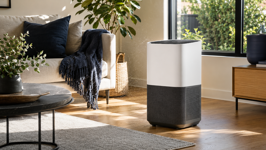 Unbranded air purifier filtering airborne particles in a modern Australian living room