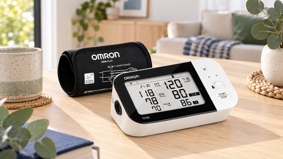 Omron HEM-7361T blood pressure monitor and black cuff on a pale timber table.