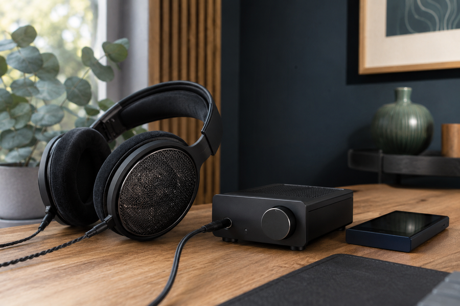 Wired open-back headphones connected to a desktop headphone amplifier