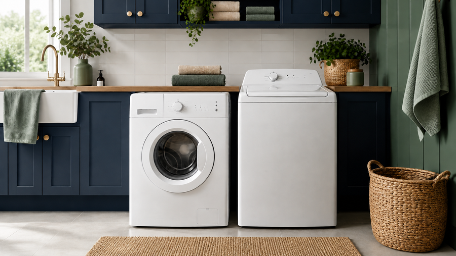 Front-loading and top-loading washing machines side by side in a contemporary Australian laundry