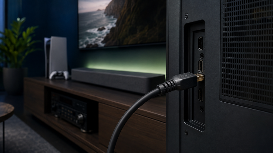 HDMI cable connected to a television beside modern home cinema equipment