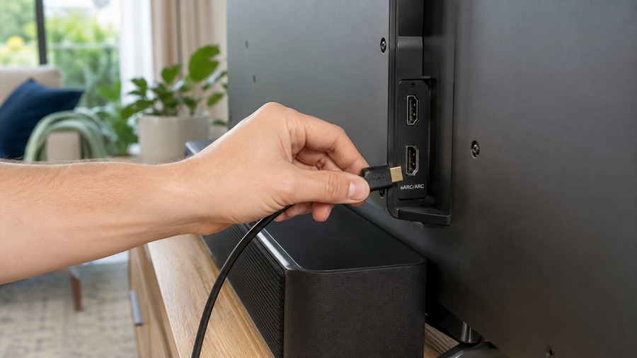 HDMI cable being connected to a television port marked eARC ARC