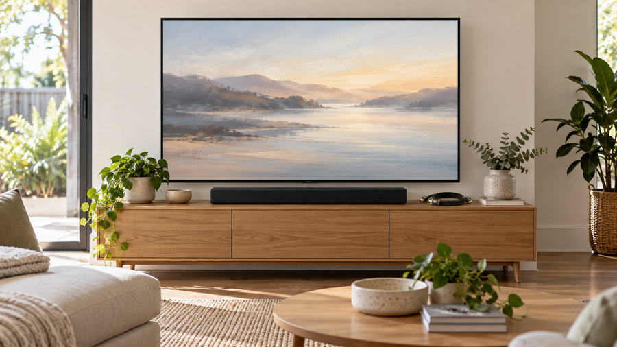 Illustrative Australian living room with a television, soundbar and HDMI cable on a timber console
