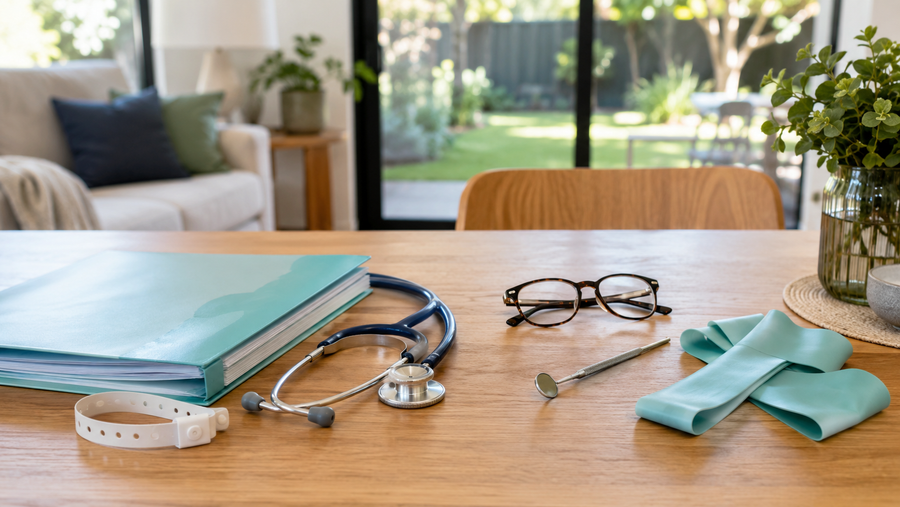 Hospital and extras health services represented by a stethoscope, glasses, dental mirror and physiotherapy band