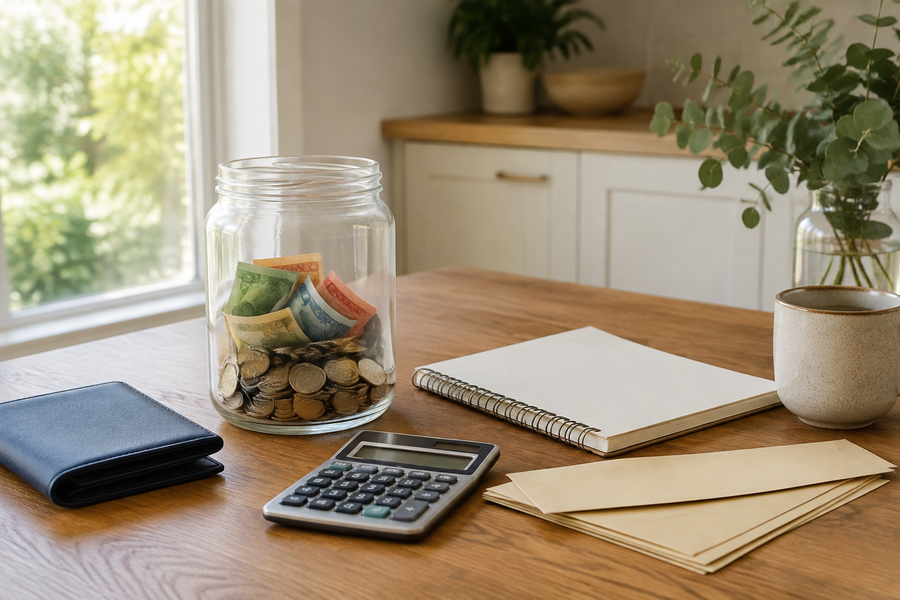 Emergency savings jar with calculator, wallet and budget notebook