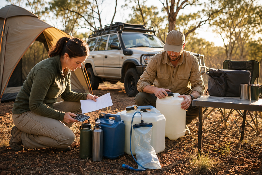 Campers calculating water supplies beside an Australian bush campsite