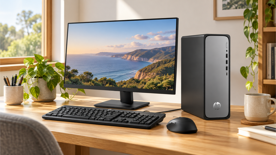 HP OmniDesk Slim S03-0001a desktop beside a monitor, keyboard and mouse on a timber desk in an illustrative home-office scene.