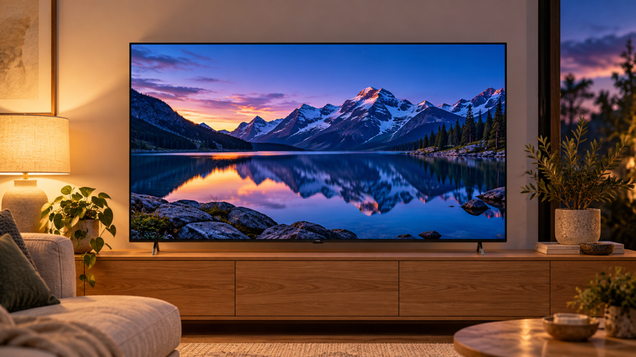 LG B6 television on an oak cabinet in a warmly lit lounge room
