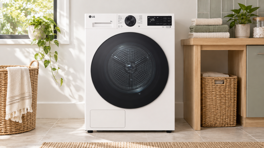 White LG DXH3-08W heat-pump dryer in a bright laundry beside an oak counter and folded towels.