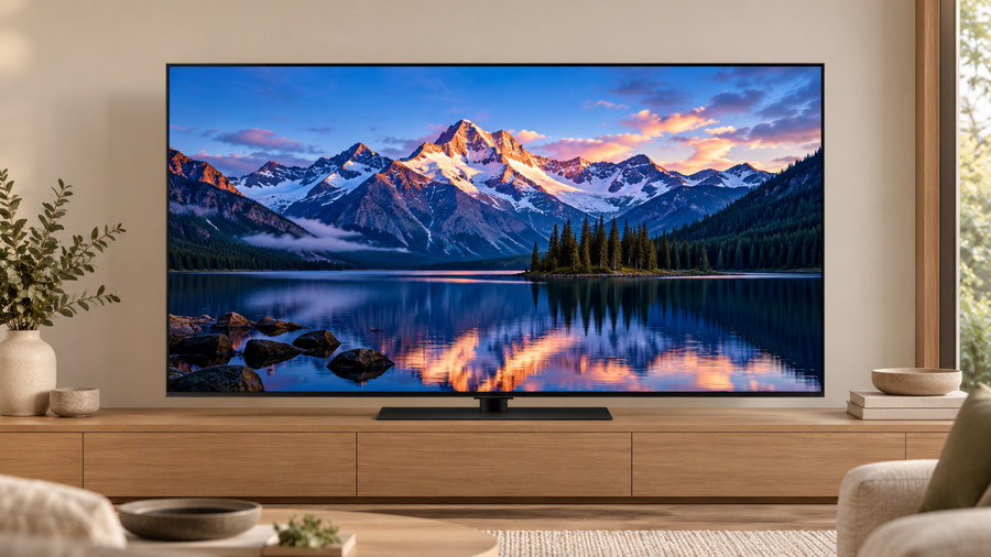 LG G6 65-inch OLED television on an oak media cabinet in a contemporary lounge room.