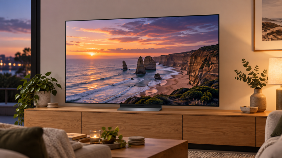 LG OLED evo C6 television on an oak cabinet in a softly lit lounge room, displaying a coastal sunset.