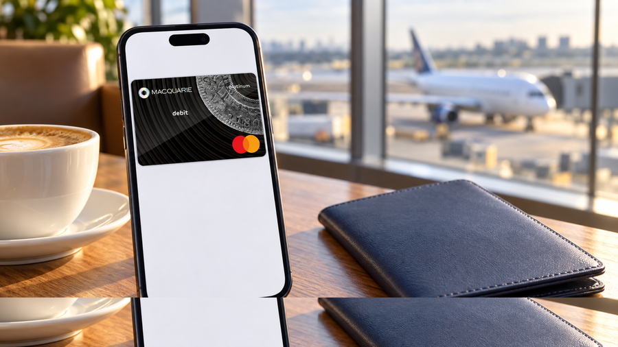 Macquarie digital debit card displayed on a phone beside a travel wallet and coffee at an airport.