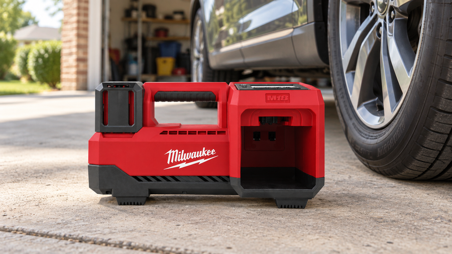 Milwaukee M18BI0 tyre inflator beside a parked car tyre on a concrete driveway.