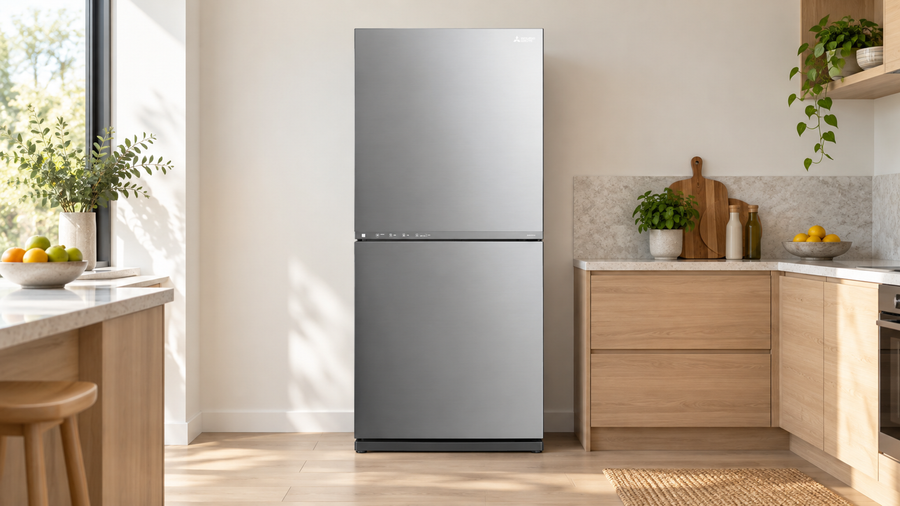 Mitsubishi Electric MR-HS421EX-SS-A silver fridge beside light oak cabinets in a bright kitchen.