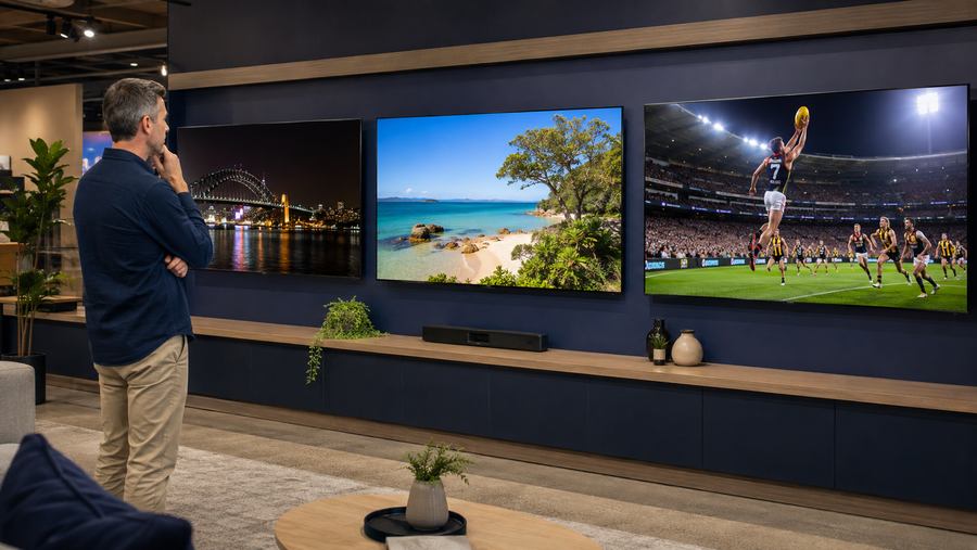 Shopper comparing OLED, QLED and Mini-LED televisions in a showroom