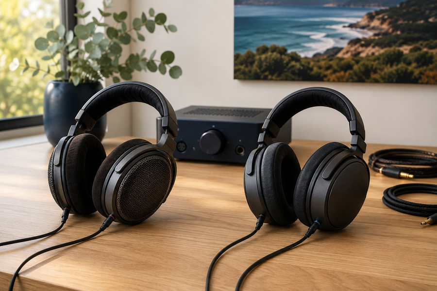 Open-back and closed-back wired headphones displayed beside each other