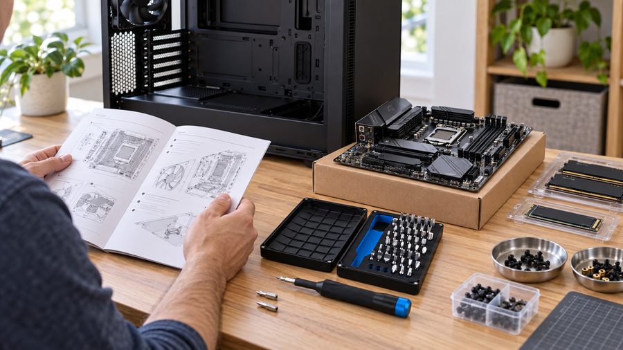 Illustrative desktop PC build workspace with an iFixit Mahi Driver Kit, open case and motherboard