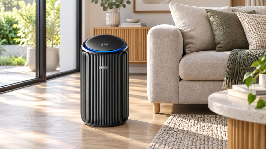 Philips AC4221/11 black air purifier standing beside a neutral sofa in a bright lounge room.