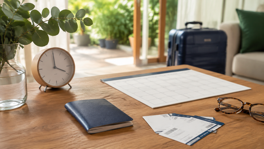 Australian-style passport beside a calendar, clock and travel documents before an overseas trip