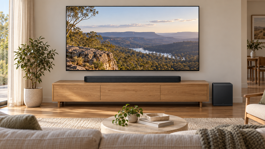 Samsung HW-Q800H/XY soundbar below a wall-mounted TV, with its compact subwoofer beside an oak console in an illustrative lounge scene.