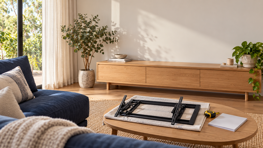 Illustrative lounge-room planning scene with a SANUS VLT7-B2 TV wall mount resting on a protective cloth beside a tape measure.