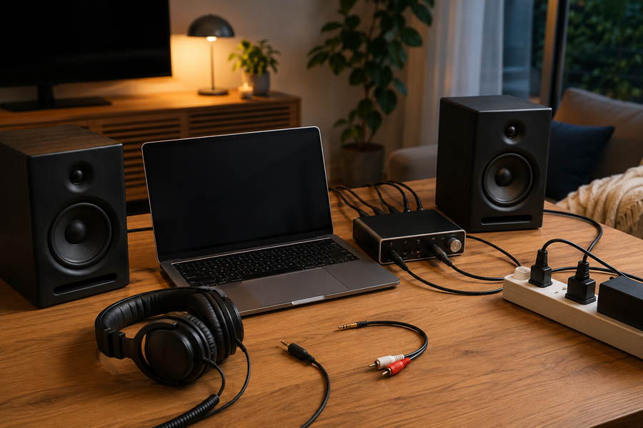 Speakers and wired headphones arranged for audio hum troubleshooting