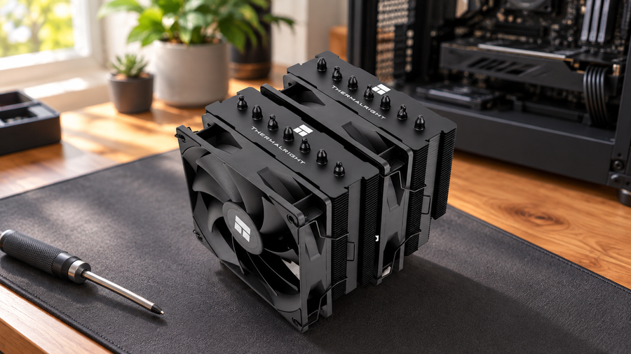 Thermalright Phantom Spirit 120 SE Black CPU cooler on a timber desk beside an open PC case, in an illustrative building scene.