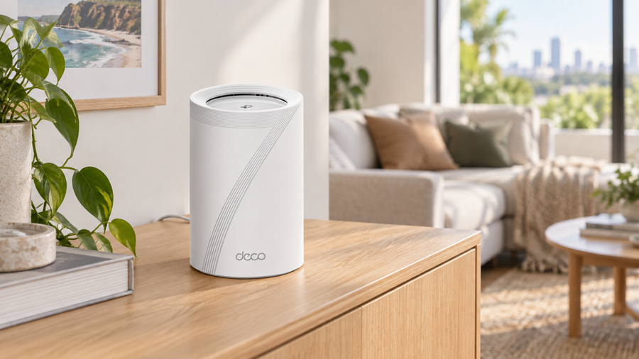 White TP-Link Deco BE65 mesh Wi-Fi unit on an oak sideboard in a bright living room.