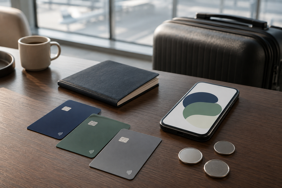 Three payment cards beside a phone, travel document and carry-on suitcase
