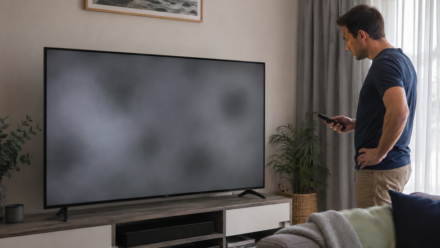 Homeowner examining dark spots and cloudy patches on a television